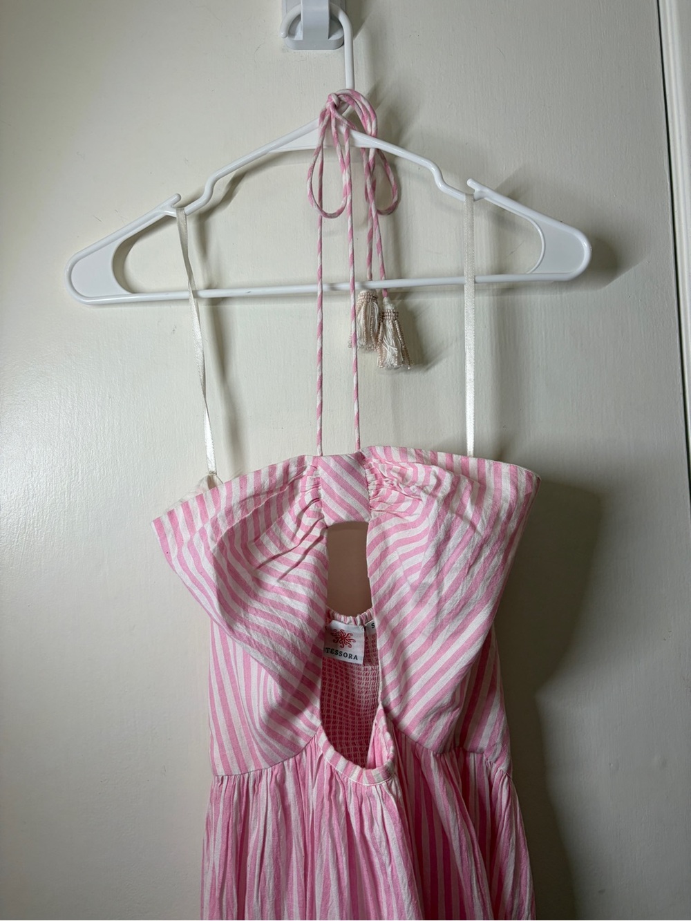 Tessora 100% Cotton Pink White Striped Preppy Cut Out Halter Maxi Dress Small - Picture 3 of 16